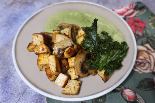 Harissa tofu with broccoli puree and kale crisps