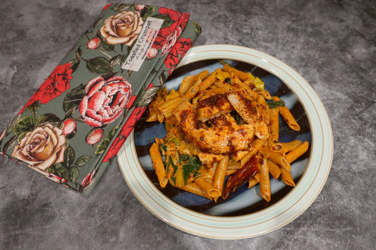 Penne with pork loin and Harissa paste